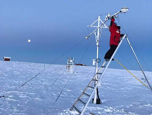 Research scientist Sara Crepinsek replaces a solar radiation instrument at the Alert Station in Canada. Alert is the northern most located Arctic station. Credit: Sara Crepinsek, CIRES