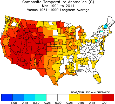 Comparison of US temperatures to long term average