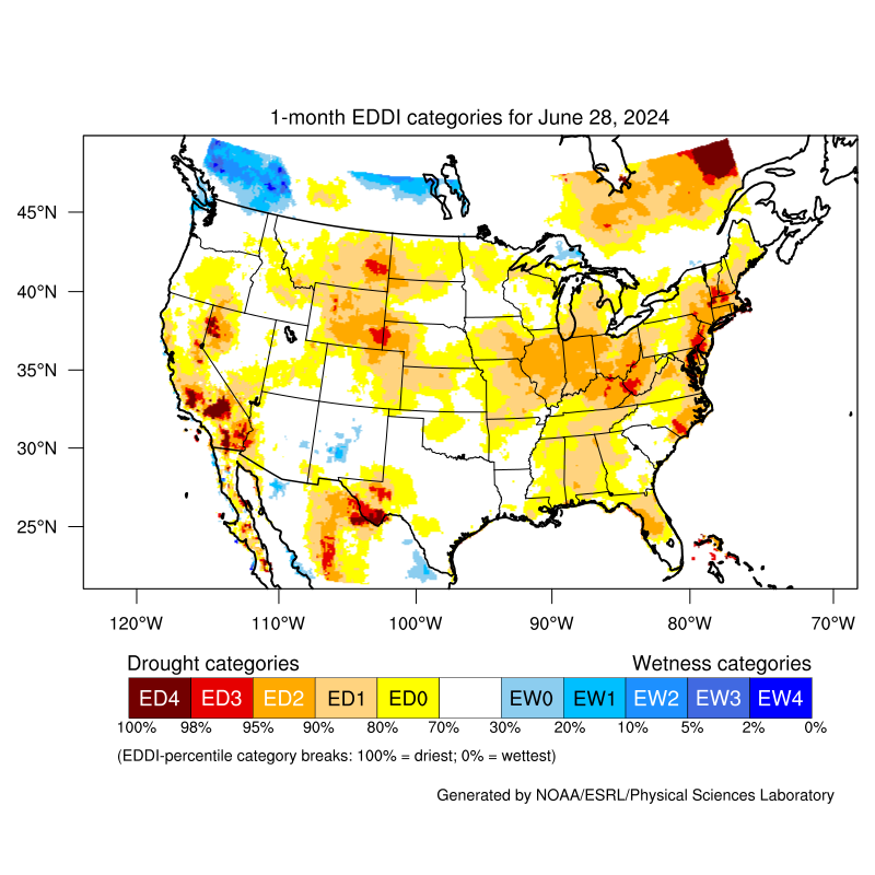 The EDDI maps display atmospheric evaporative demand anomalies across a timescale of interest relative to its climatology to indicate the spatial extent and severity of drought.