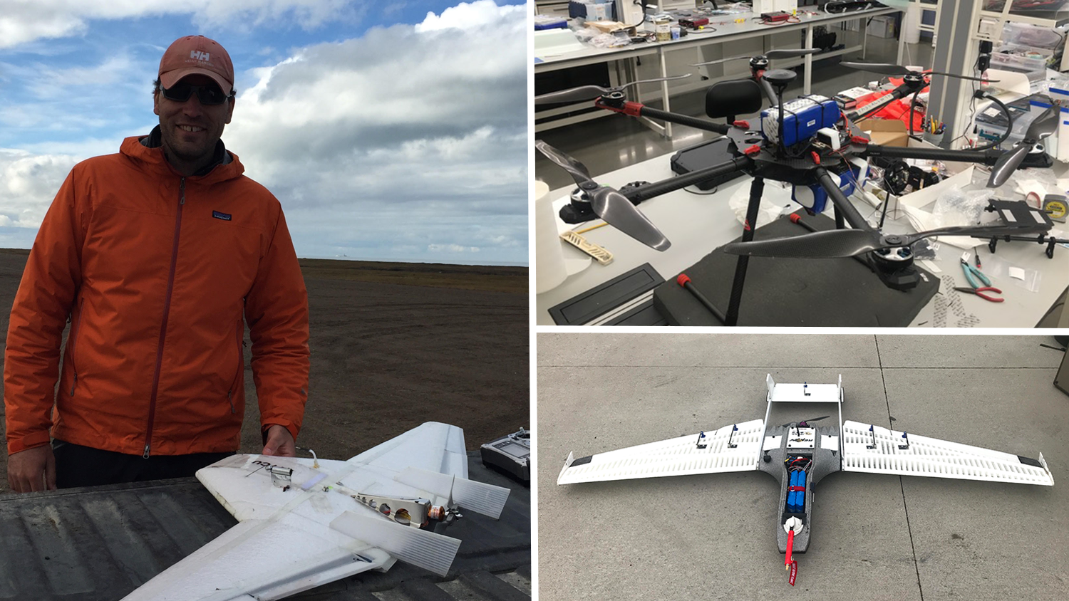 Three types of UAS' to be used during MOSAiC: (Clockwise L-R) Gijs de Boer with a DataHawk, HeliPal, and RAAVEN.