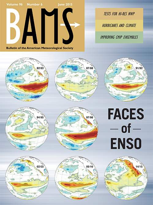 June 2015 cover of BAMS – Figure from study, which shows observed seasonal-mean (Dec-Feb) sea surface temperature anomalies for El Niño events over the past 33 years.