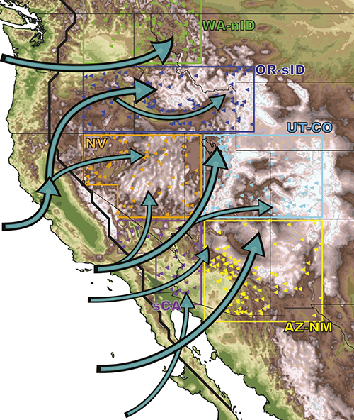 Map showing the major moisture pathways from the Pacific Ocean into the Intermountain West