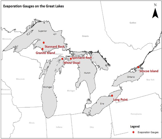 Map showing Great Lakes Evaporation Network (GLEN). Each location has year-round, continuous water flux measurements.