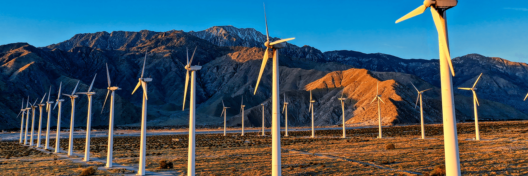 Wind turbines near a mountain range. Photo by Cameron Venti on Unsplash.com