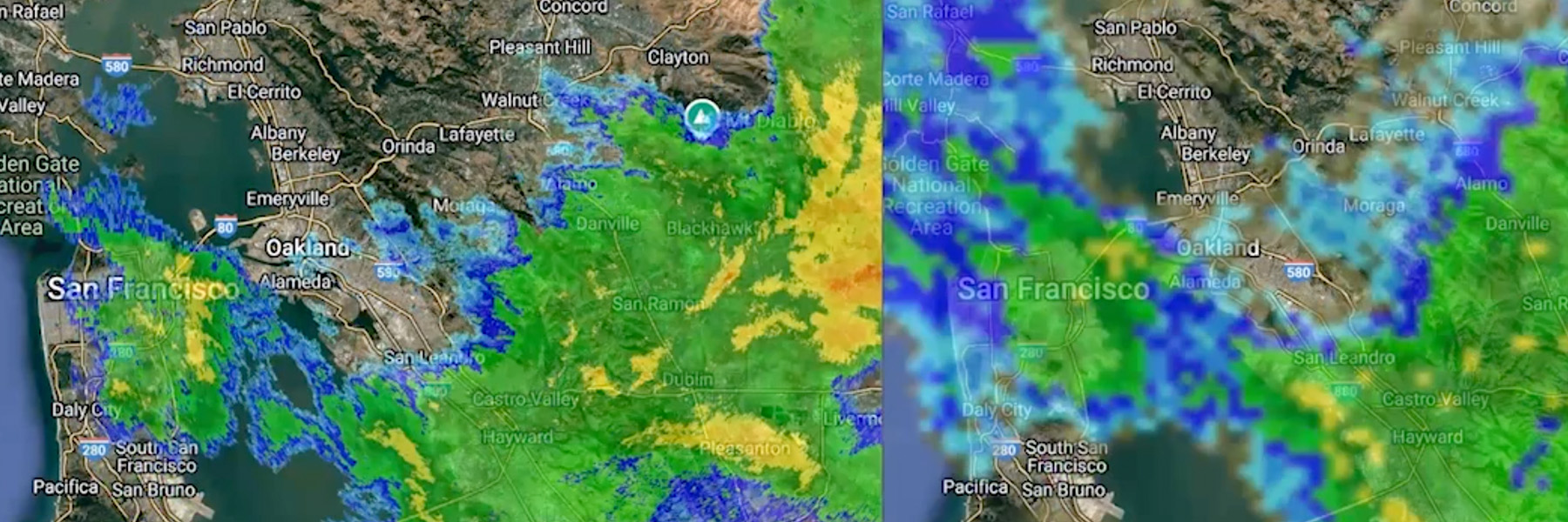 Side by side comparison of radar map over the SF Bay Area with the left image more detailed than the right | Credit: NOAA/PSL