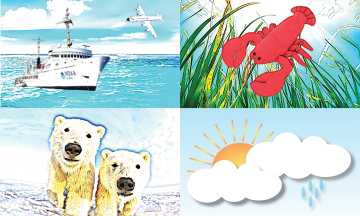 Funtastic Science. Four-panel image showing 1) a NOAA ship and airplane, 2) a lobster, 3) polar bears, and 4) the sun and clouds