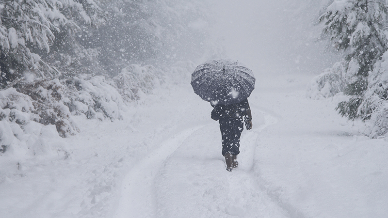A person with an umbrella walking outside during a winter storm