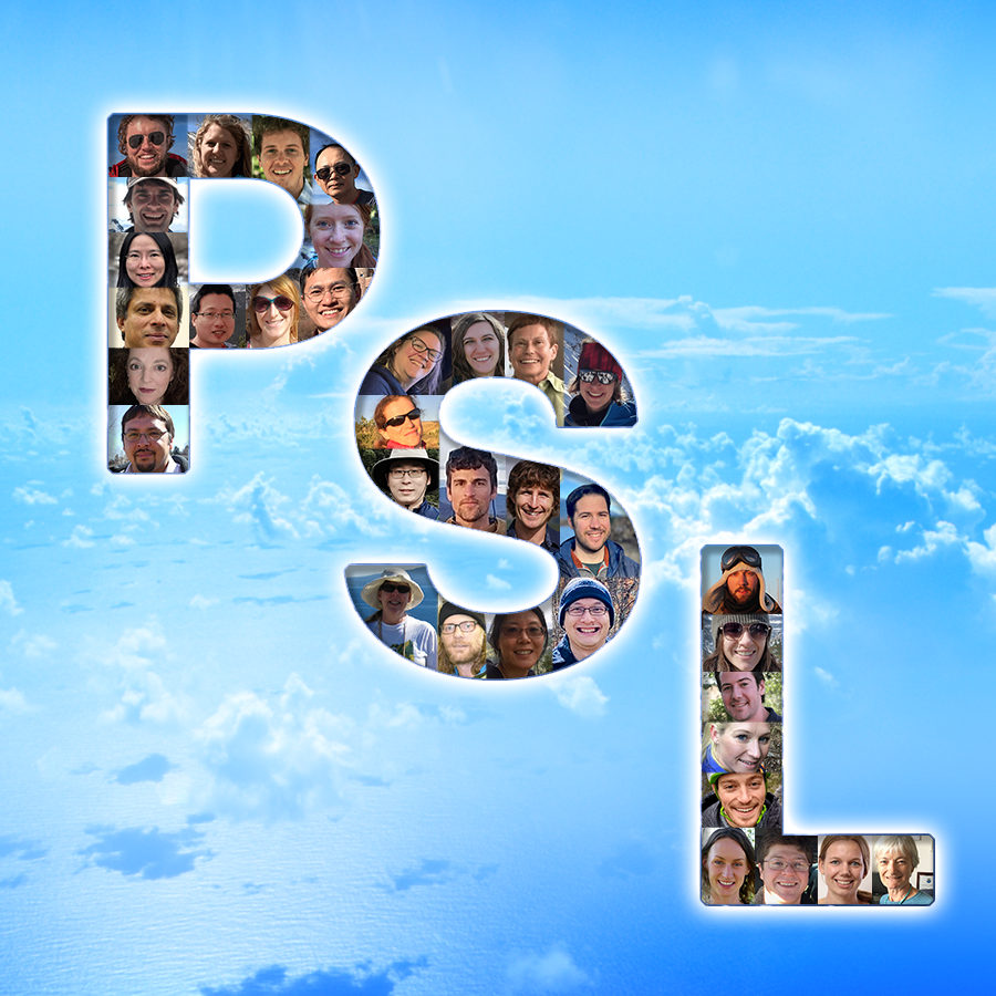 graphic with staff photos arranged in a PSL shape on a sky with ocean background