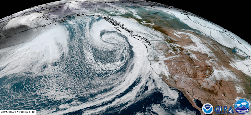Satellite image of an atmospheric river hitting the west coast of the United States | Credit: NOAA