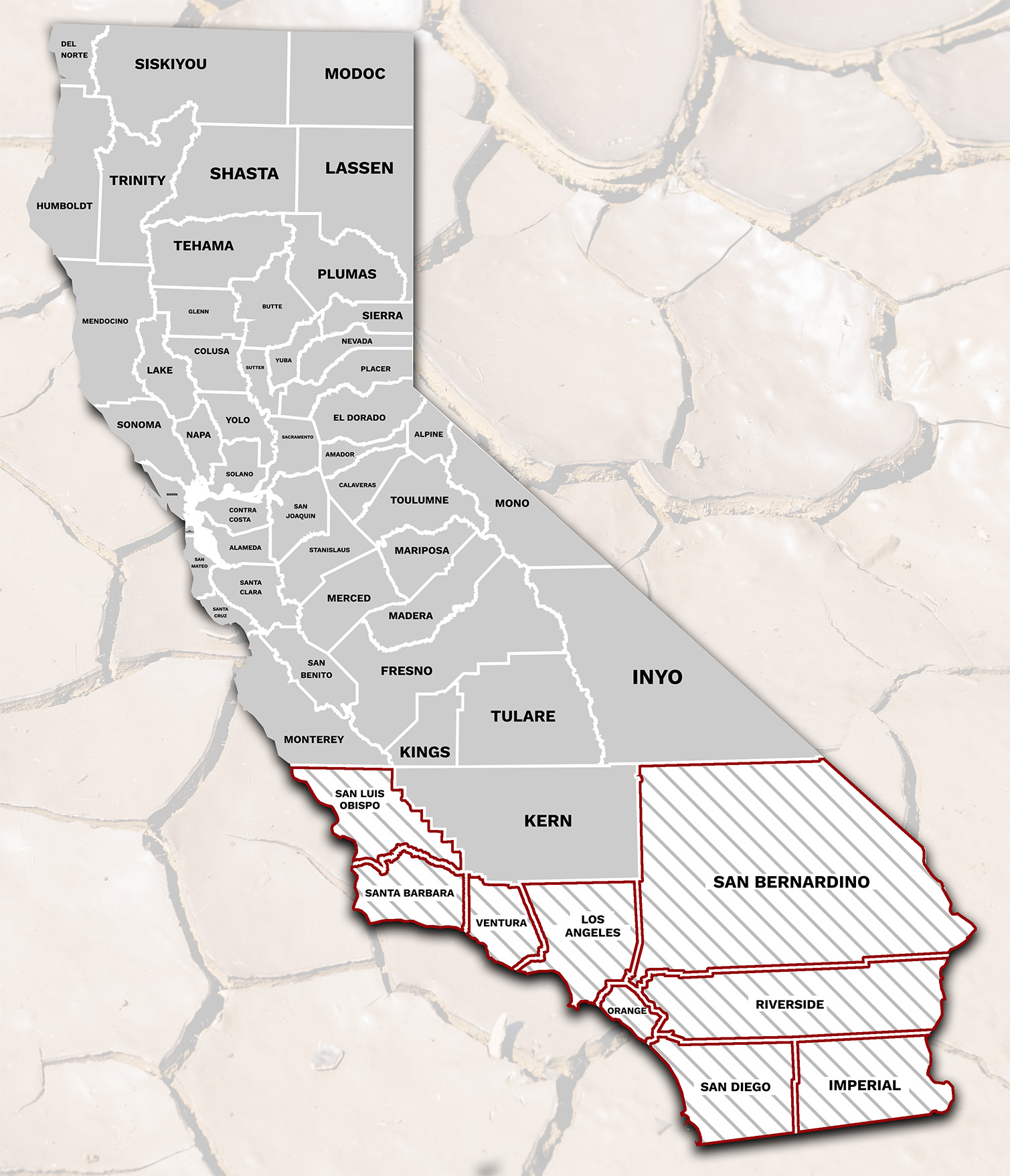 Graphic of the State of California with counties indicated. 9 Southern Californian counties participating in the pilot are highlighted with stripes and outlines. Image of dry creek bed in background.