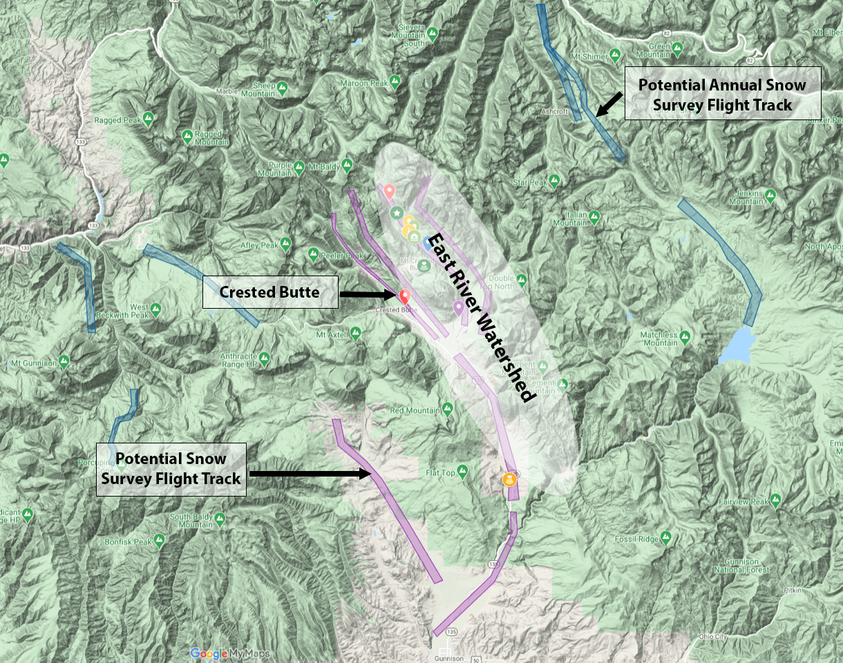 Click to see Actual NOAA Snow Survey Flight Tracks. Topographic image of the 
				Crested Butte–Gunnison region showing the location of SPLASH surface instrumentation and NOAA snow survey flight tracks.
